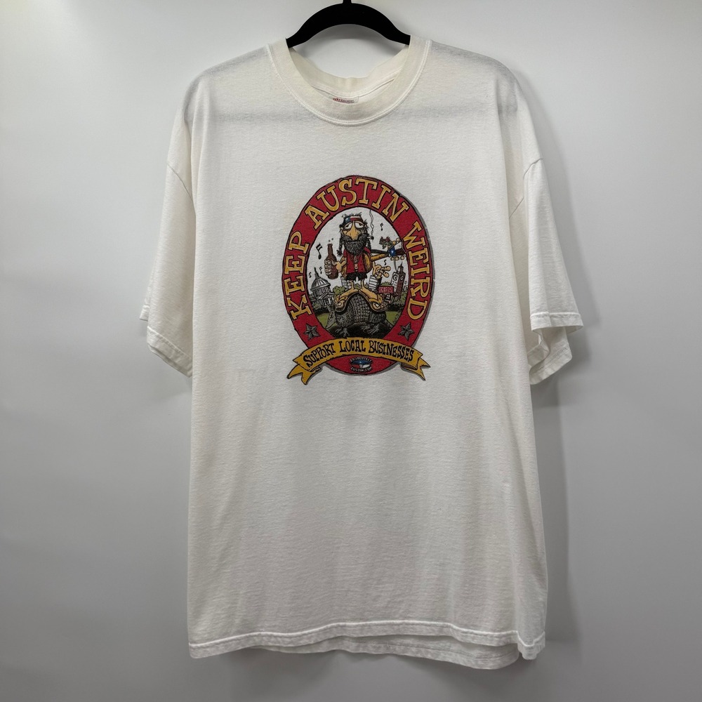 Keep Austin Weird Shirt Mens XL White Y2K Graphic Short Sleeve Local Businesses